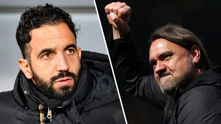 Split image of Man United boss Ruben Amorim looking on and Leeds United manager Daniel Farke celebrating.