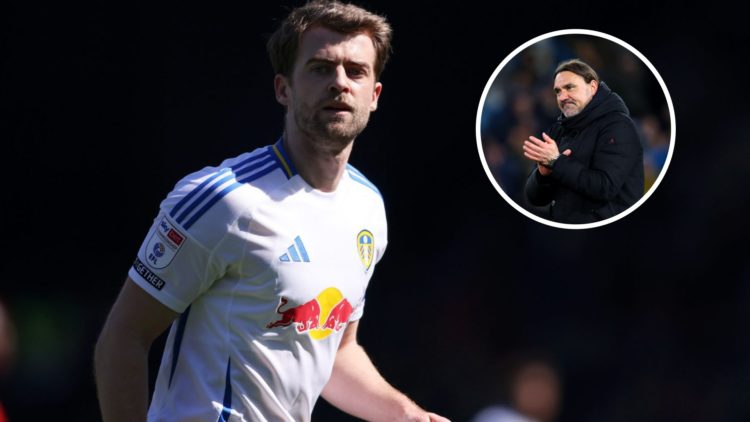 Patrick Bamford playing for Leeds United. Inset, Daniel Farke applauds Leeds United supporters.