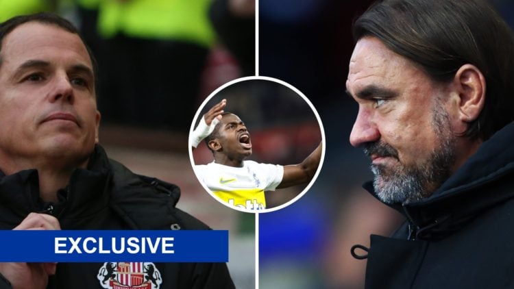 Regis Le Bris and Daniel Farke during Sunderland and Leeds games, and USG's Noah Sadiki.