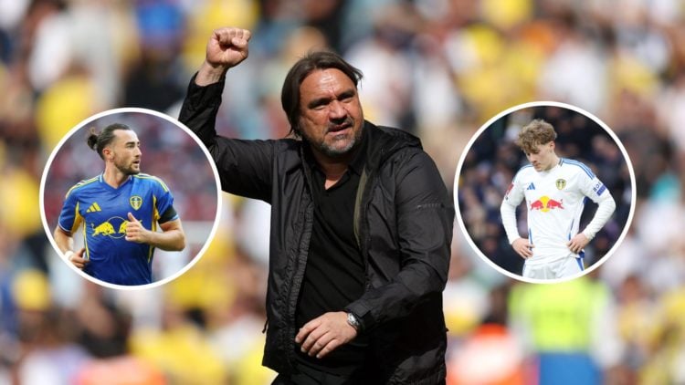 Sam Chambers and Jack Harrison in action for Leeds, as Daniel Farke punches the air.