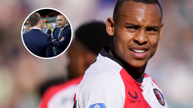 Feyenoord winger Igor Paixao looking on. Inset, Leeds United chairman Paraag Marathe speaking to a colleague.