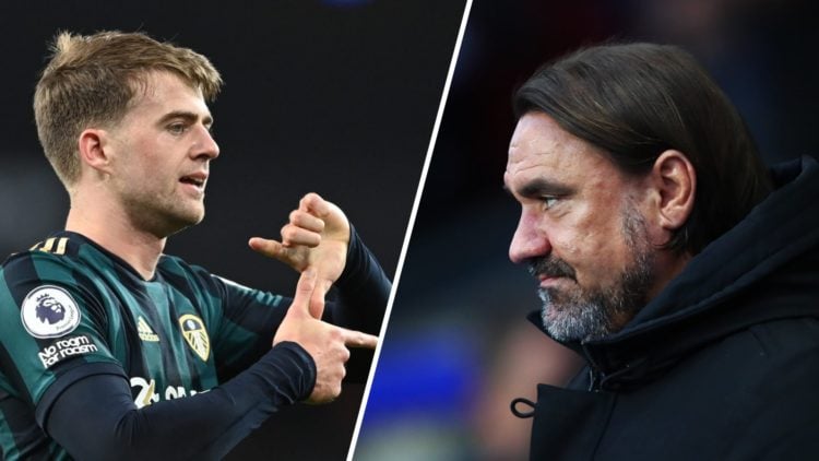 Leeds United striker Patrick Bamford (left) and Leeds manager Daniel Farke (right)