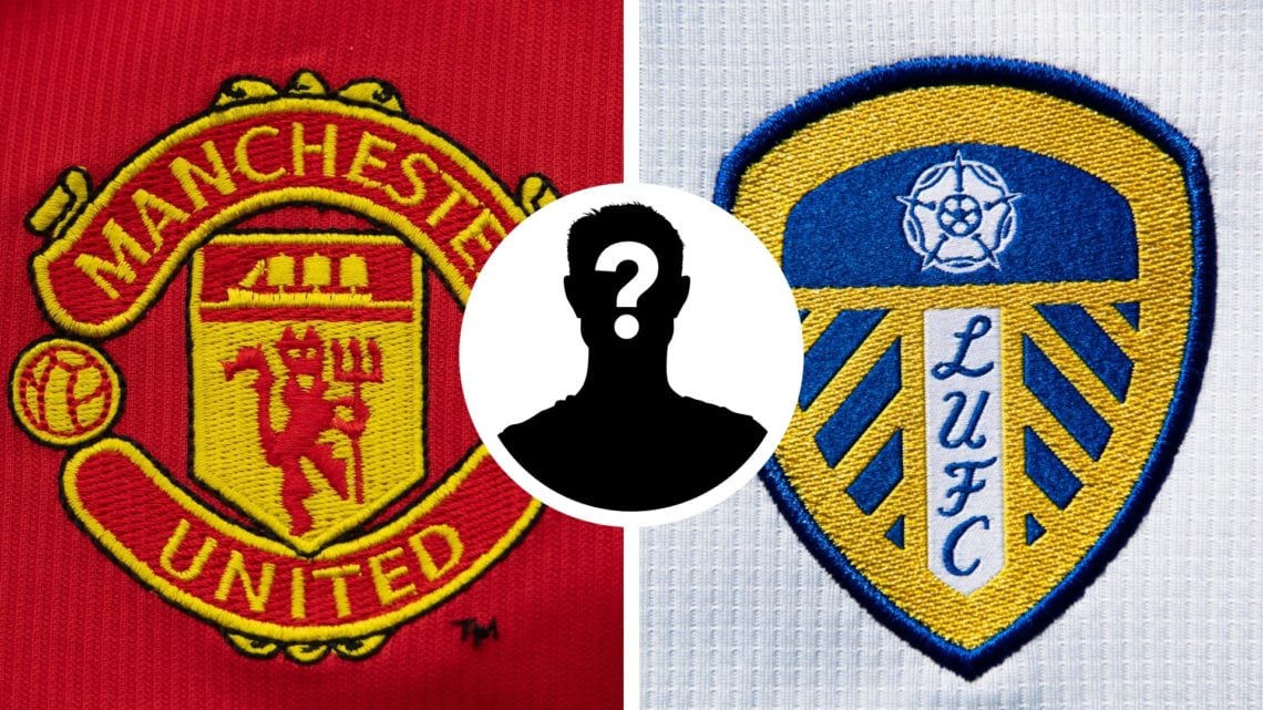 Split image of the official club badges of Leeds United and Manchester United. Inset a picture of a mystery player.