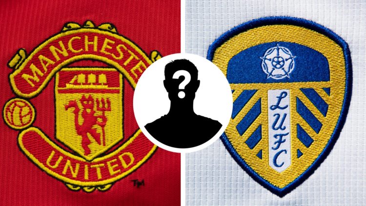 Split image of the official club badges of Leeds United and Manchester United. Inset a picture of a mystery player.