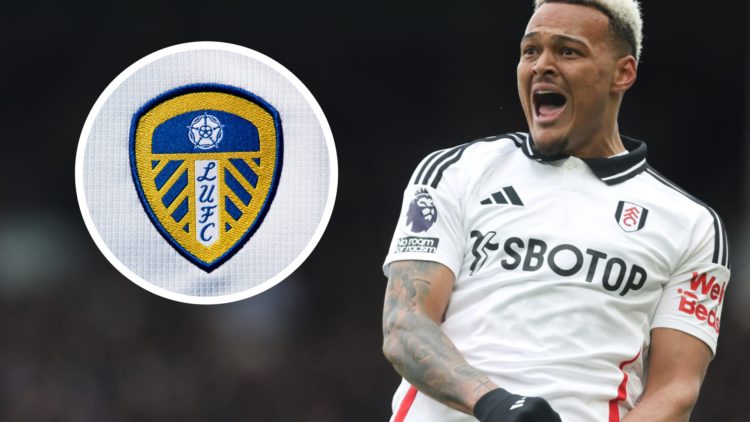 Fulham striker Rodrigo Muniz celebrates scoring a goal. Inset a picture of the official club badge of Leeds United.