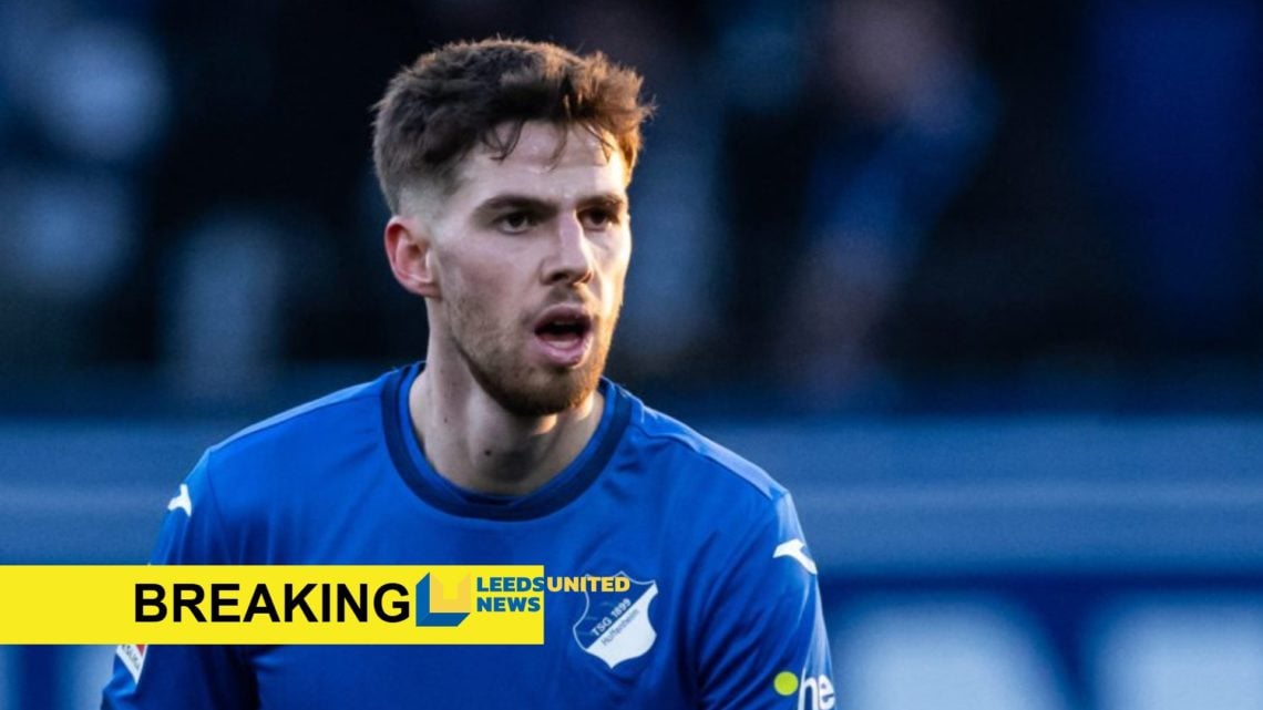 A close up image of Anton Stach in action for Hoffenheim. Exclusive banner and Leeds United News logo.