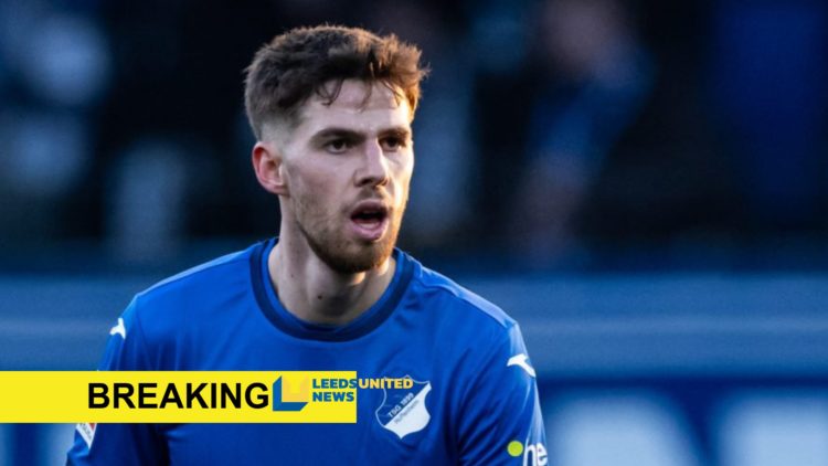 A close up image of Anton Stach in action for Hoffenheim. Exclusive banner and Leeds United News logo.