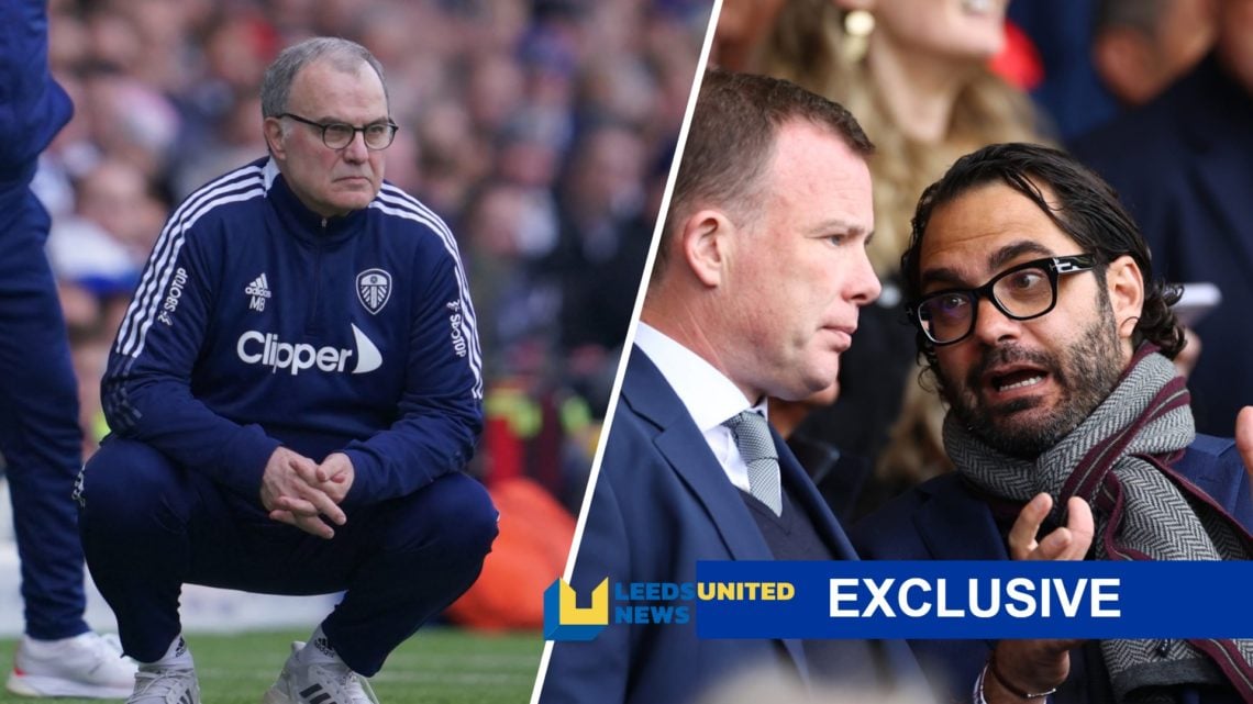 Former Leeds manager Marcelo Bielsa (left) with Angus Kinnear and Victor Orta (right) and the LUN exclusive banner