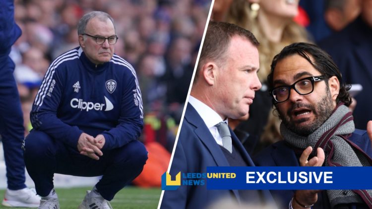 Former Leeds manager Marcelo Bielsa (left) with Angus Kinnear and Victor Orta (right) and the LUN exclusive banner
