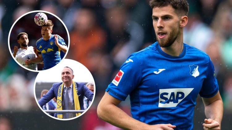 Hoffenheim midfielder Anton Stach. Inset, Jaka Bijol wins a header for Leeds United. Inset, Leeds chairman Paraag Marathe.
