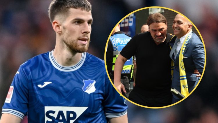 Close up image of Anton Stach in action for Hoffenheim. Inset: Daniel Farke and Paraag Marathe embrace.
