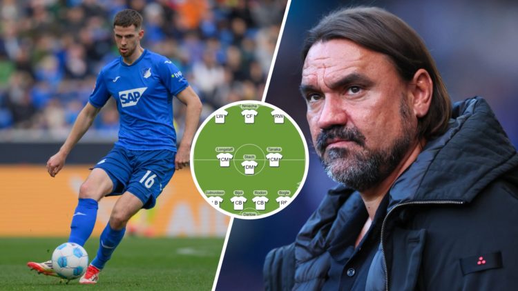 Leeds United manager Daniel Farke (right) with Anton Stach (left) and a Leeds lineup graphic (centre)