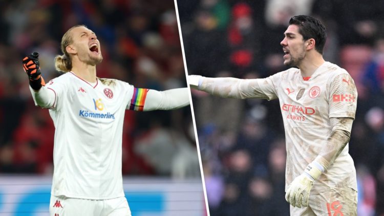 Mainz goalkeeper Robin Zentner (left) and Manchester City goalkeeper Stefan Ortega (right)