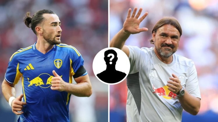 Jack Harrison in action for Leeds vs Man United as Daniel Farke looks on.