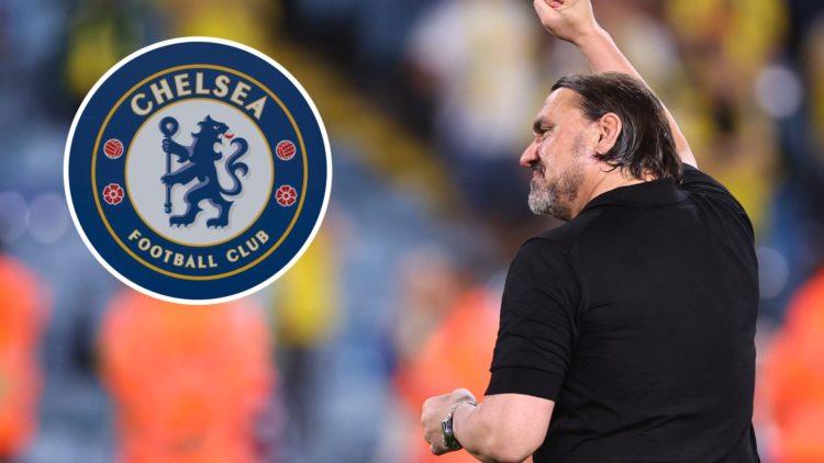 Leeds United manager Daniel Farke celebrating. Inset, Chelsea badge.