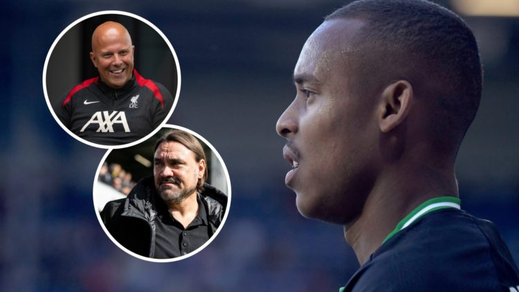 Feyenoord winger Igor Paixao looking on. Inset, Leeds United manager Daniel Farke. Inset, Liverpool boss Arne Slot.