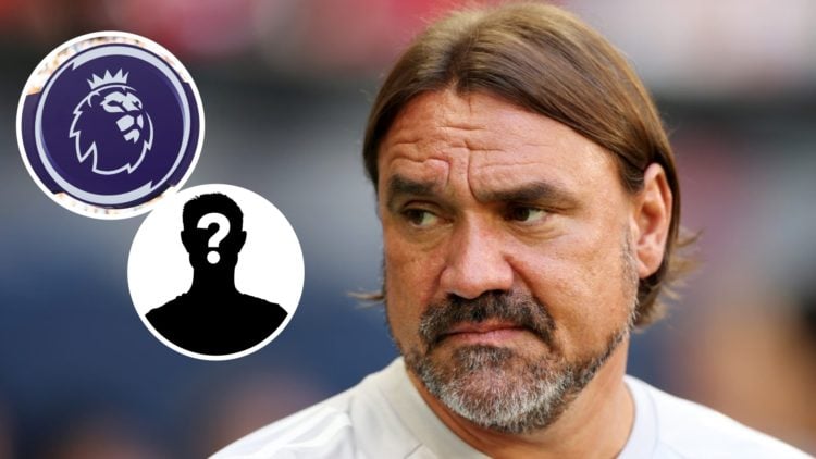 Leeds United manager Daniel Farke (right) and mystery player inset and Premier League logo (left)