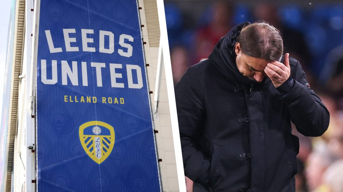 Split image of Leeds United manager Daniel Farke during a game against Bristol City, and a general view of Elland Road.