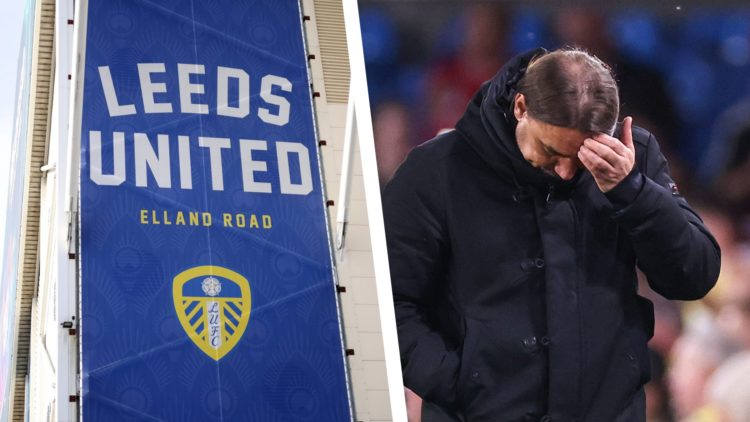 Split image of Leeds United manager Daniel Farke during a game against Bristol City, and a general view of Elland Road.