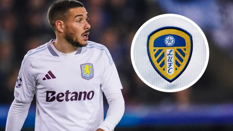 Aston Villa player Emi Buendia during a Champions League match. Inset a picture of the official club badge of Leeds United.