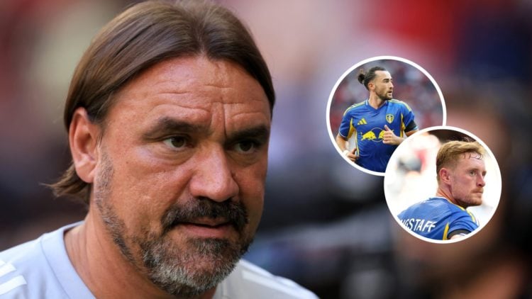 Daniel Farke looks on and Leeds United duo Jack Harrison and Sean Longstaff in action.