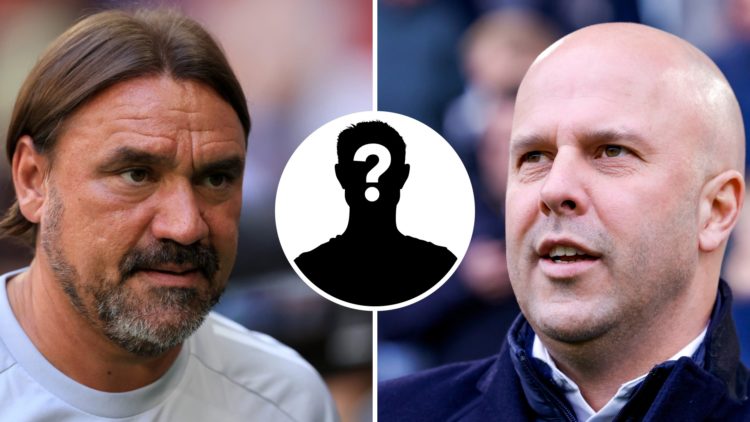 Leeds United boss Daniel Farke (left) and Arne Slot of Liverpool (right) with mystery player inset