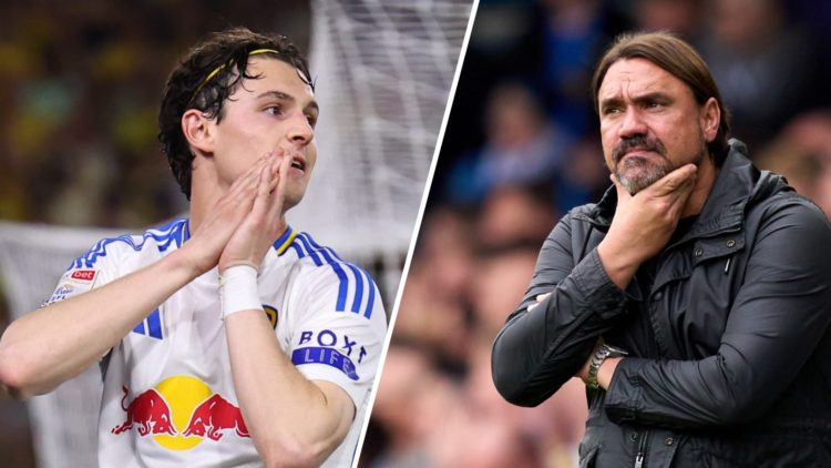 Leeds United attacking midfielder Brenden Aaronson (left) and manager Daniel Farke (right)