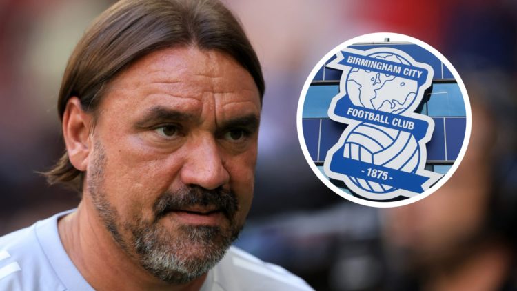 Leeds United manager Daniel Farke during a pre-season friendly. Inset a picture of the official club badge of Birmingham City.