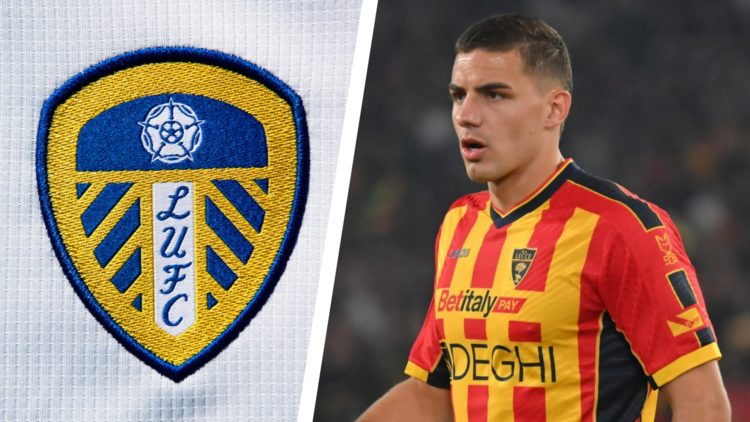 Split image of the official club badge of Leeds United, and Lecce striker Nikola Krstovic in action during a Serie A game.