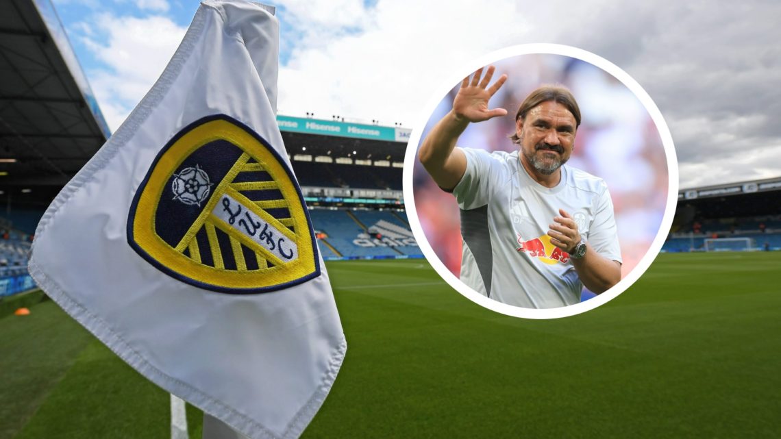 Leeds United's Elland Road stadium as viewed from the corner flag. Inset a picture of Leeds United manager Daniel Farke.