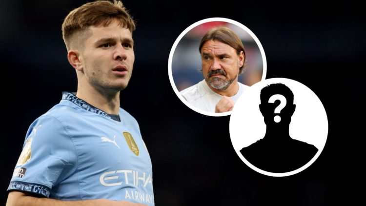 Manchester City player James McAtee during a Premier League match. Inset a picture of Leeds United manager Daniel Farke and a mystery player.