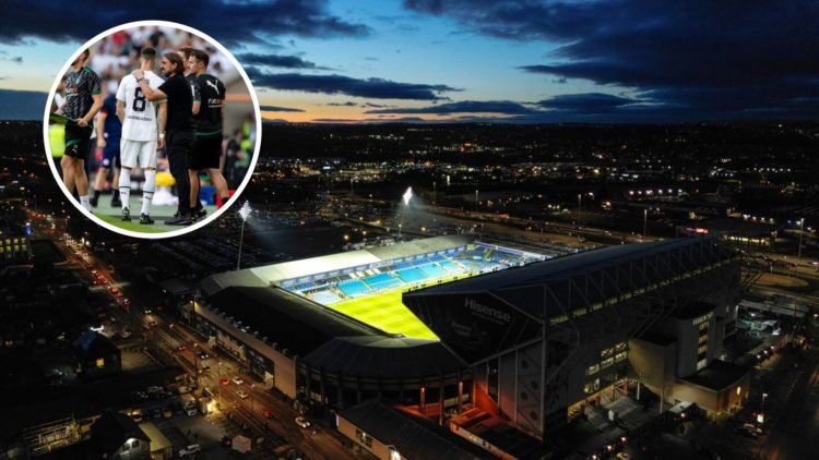 Leeds United manager Daniel Farke speaks to Julian Weigl. Inset, Leeds' stadium Elland Road at night.