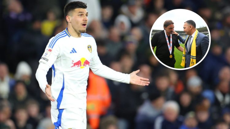 Leeds United striker Joel Piroe complains. Inset, Leeds manager Daniel Farke with chairman Paraag Marathe.
