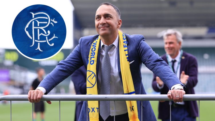 Leeds United owner Paraag Marathe during title celebrations after Plymouth Argyle win. Inset, Rangers badge on kit.