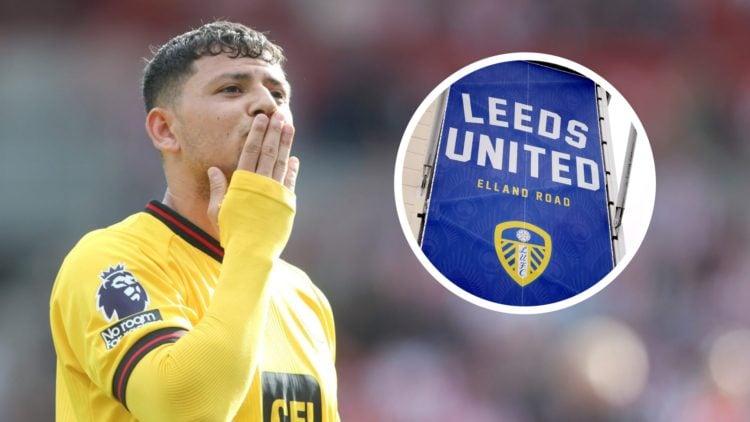 Sheffield United player Gustavo Hamer blows a kiss to the fans. Inset a picture of Leeds United's Elland Road stadium.