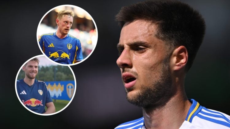 Leeds United midfielder Ilia Gruev looking on. Inset, Sean Longstaff in action for Leeds. Inset, Anton Stach in Leeds training gear.