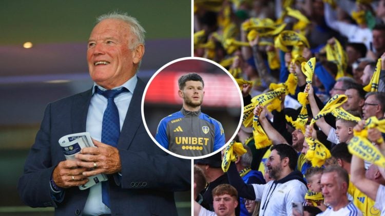 Former Leeds United player Eddie Gray in the stands. Inset, Illan Meslier looking on. Inset, Leeds fans.