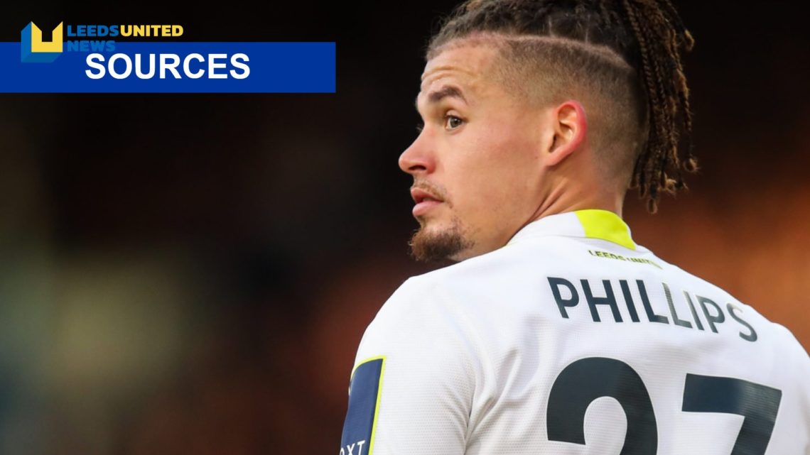 Kalvin Phillips looking on whilst playing for Leeds United. LUN Sources banner.