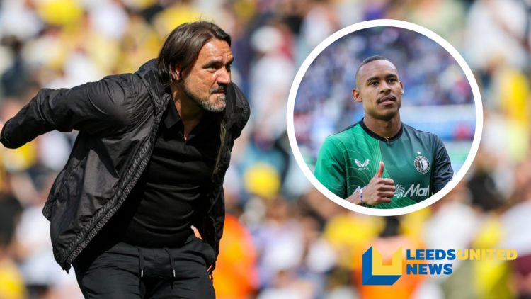 Daniel Farke celebrates with the Leeds United supporters. Inset a picture of Feyenoord player Igor Paixao.