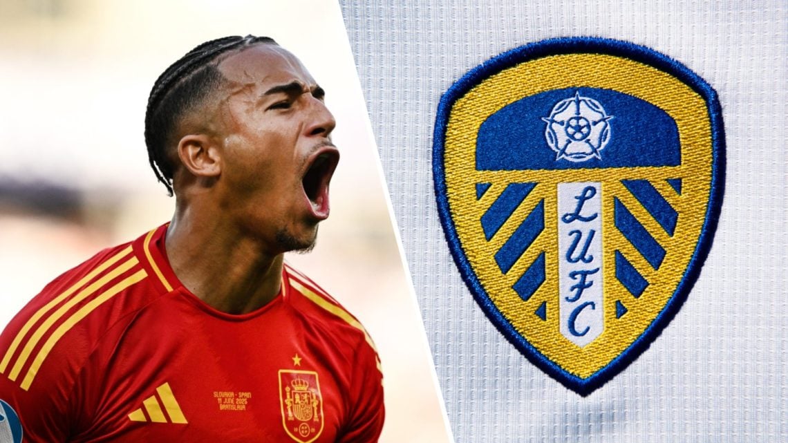 Spanish striker Mateo Joseph (left) and Leeds United crest
