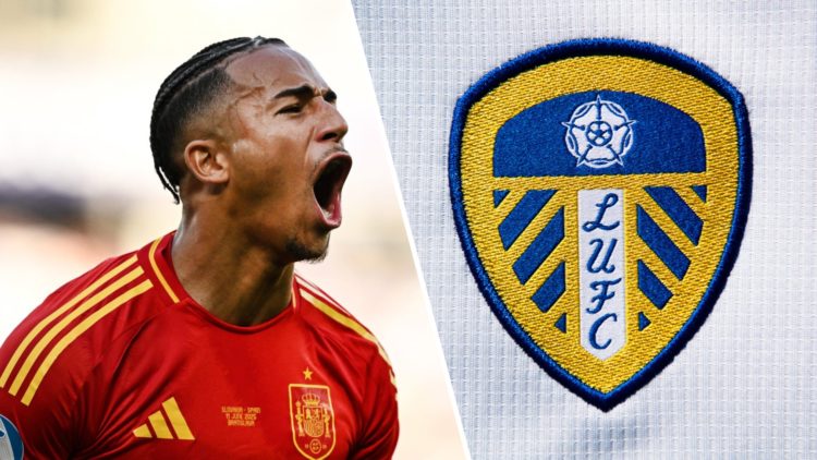 Spanish striker Mateo Joseph (left) and Leeds United crest