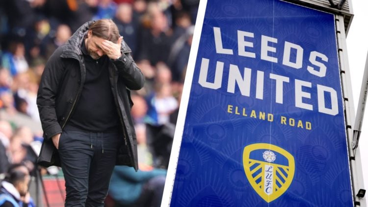 Split image of Leeds United manager Daniel Farke, and a general view of Leeds United's Elland Road stadium.