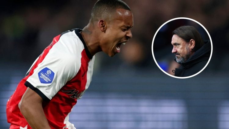 Feyenoord winger Igor Paixao's celebrating. Inset, Leeds United manager Daniel Farke looks on.