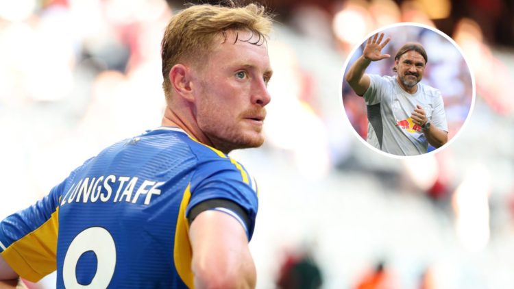 Leeds United midfielder Sean Longstaff looking on. Inset, Leeds manager Daniel Farke waves at fans.