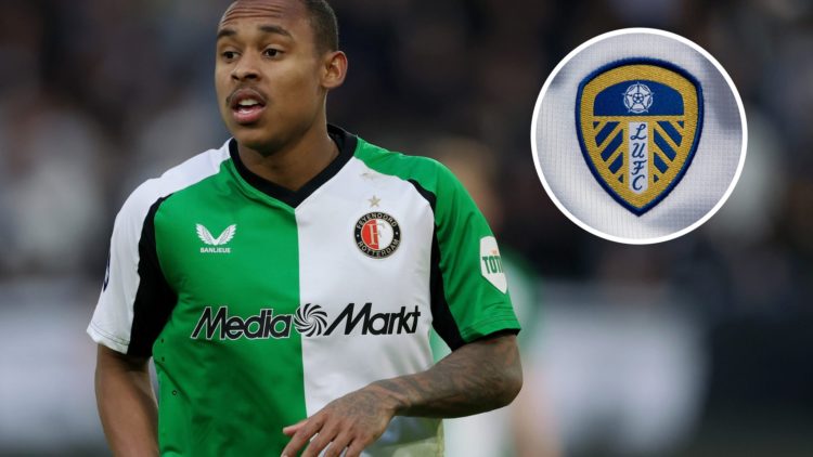 Feyenoord winger Igor Paixao (left) and Leeds United crest (right)