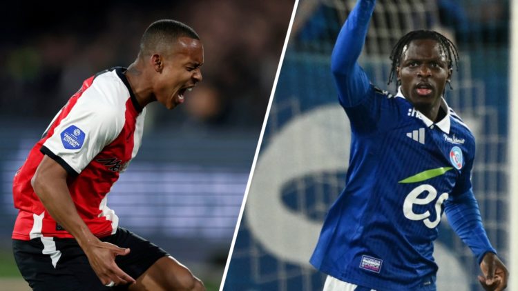 Igor Paixao of Feyenoord (left) and RC Strasbourg winger Dilane Bakwa (right)
