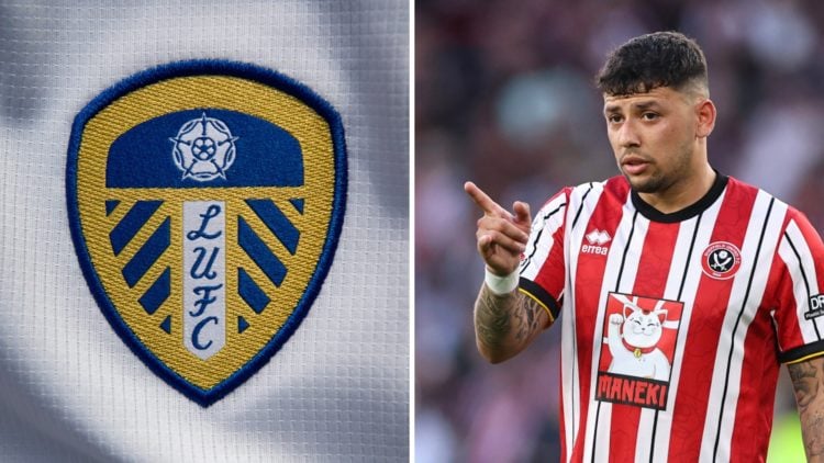 The Leeds United badge and Sheffield United's Gustavo Hamer in action.