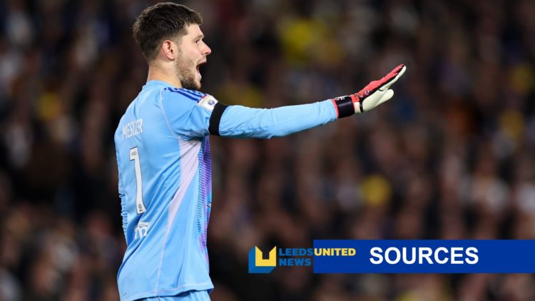 Leeds United goalkeeper Illan Meslier with LUN sources exclusive banner