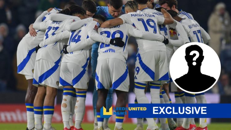 Leeds United squad with LUN exclusive banner and mystery player inset
