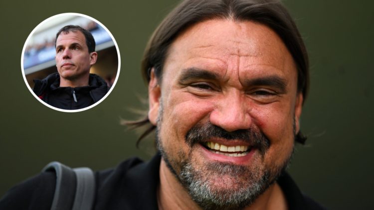 Leeds United manager Daniel Farke smiling. Inset, Sunderland manager Regis Le Bris looks on.